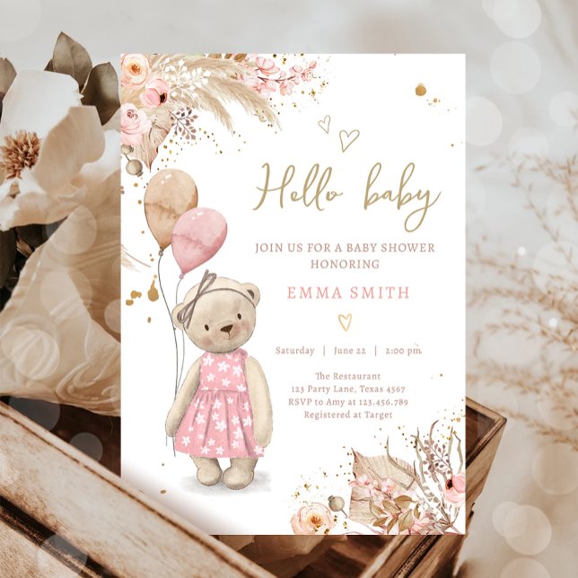 Boho Teddy Bear Picnic Girl Pink Baby Shower Invit Invitation (Creator Uploaded)