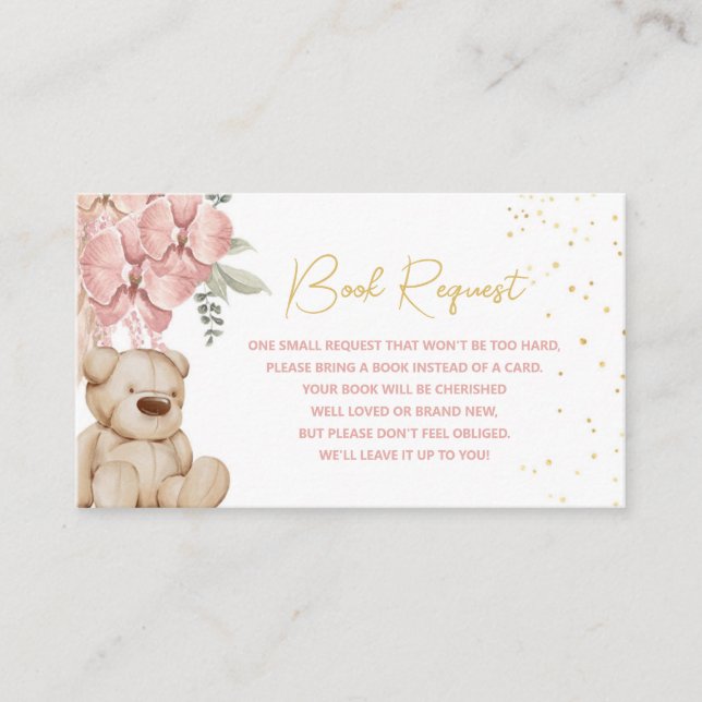 Boho Teddy Bear Pink and Gold Book Request Enclosure Card (Front)