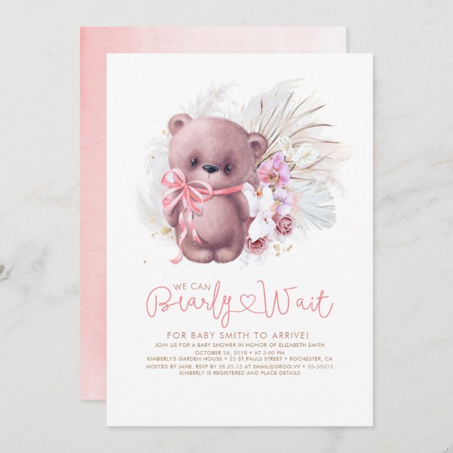 Boho Teddy Bear Pink Bearly Wait Girl Baby Shower Invitation (Front/Back)