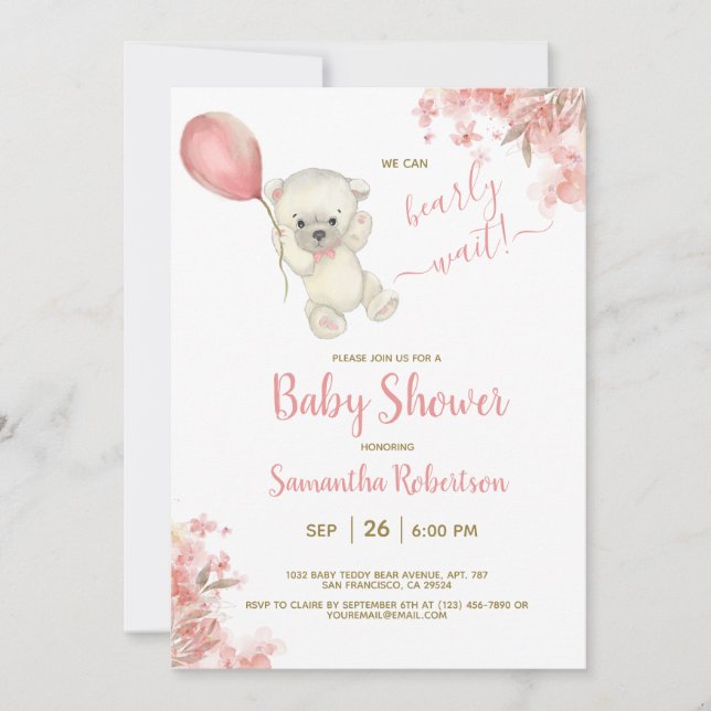 Boho Teddy Bear Pink Floral Balloon Baby Shower Invitation (Front)