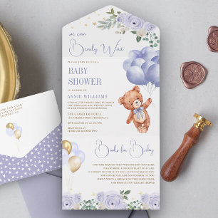 Boho Teddy Bear Purple Balloons Floral Baby Shower All In One Invitation