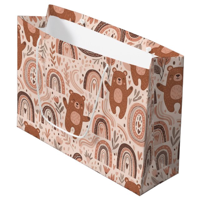 Boho Teddy Bear Rainbow Brown Beige Blush Large Gift Bag (Front Angled)