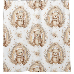 Boho Teddy Bear Rainbow Neutral Floral (2) Shower Curtain