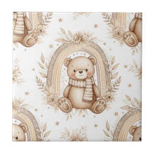Boho Teddy Bear Rainbow Neutral Floral Ceramic Tile