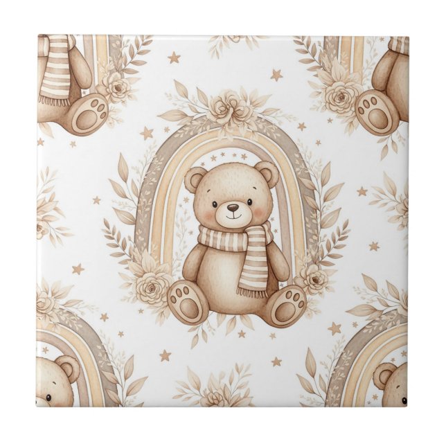Boho Teddy Bear Rainbow Neutral Floral Ceramic Tile (Front)