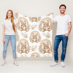 Boho Teddy Bear Rainbow Neutral Floral Fleece Blanket