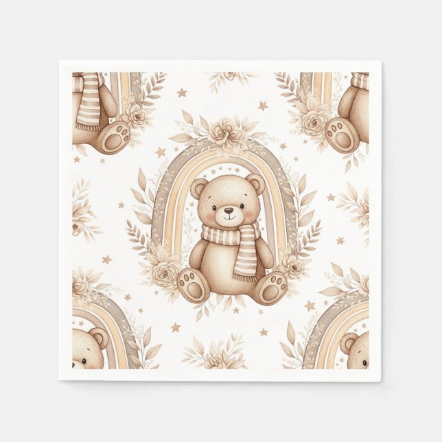 Boho Teddy Bear Rainbow Neutral Floral Napkin (Front)