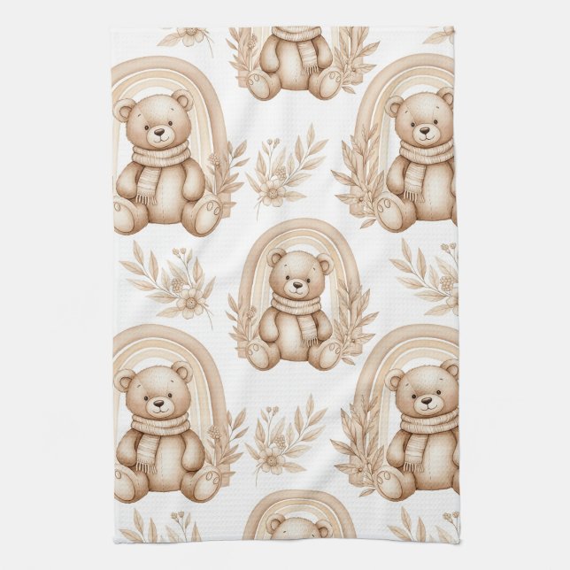 Boho Teddy Bear Rainbow Neutral Floral Tea Towel (Vertical)