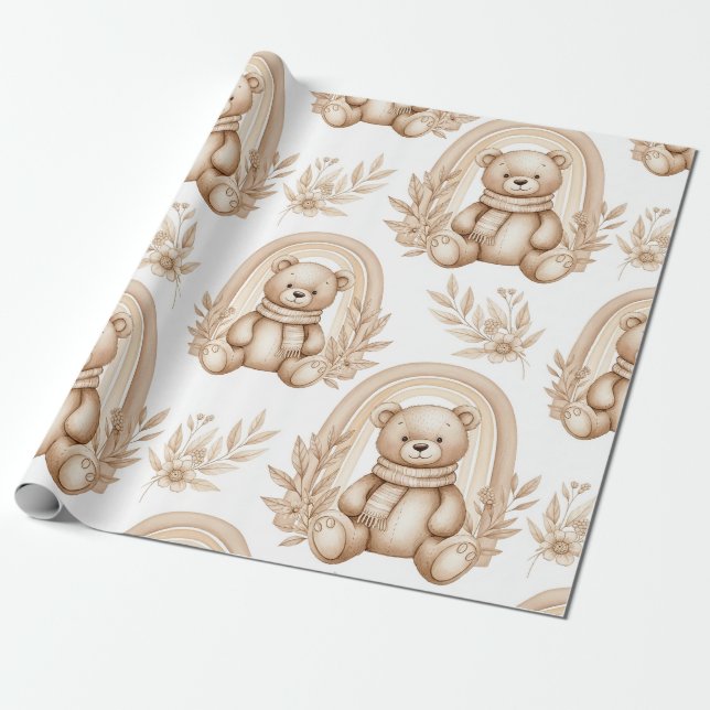 Boho Teddy Bear Rainbow Neutral Floral Wrapping Paper (Unrolled)