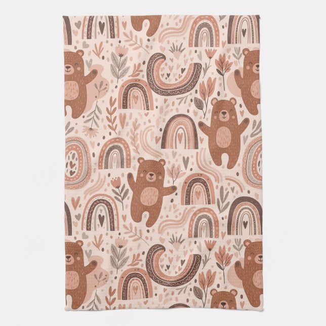 Boho Teddy Bear Rainbow Nursery Pattern Tea Towel (Vertical)