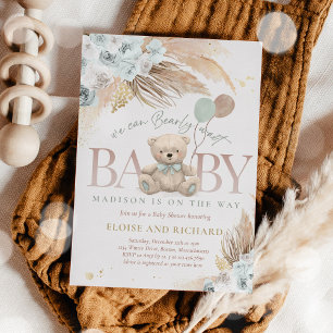 Boho Teddy Bear Sage Green Bearly Wait Baby Shower Invitation