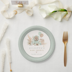 Boho Teddy Bear Sage Green Bearly Wait Baby Shower Paper Plate