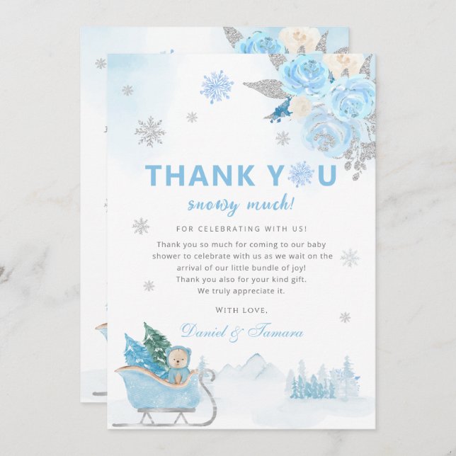 Boho Teddy Bear Snowflake Winter Baby Shower Thank You Card (Front/Back)