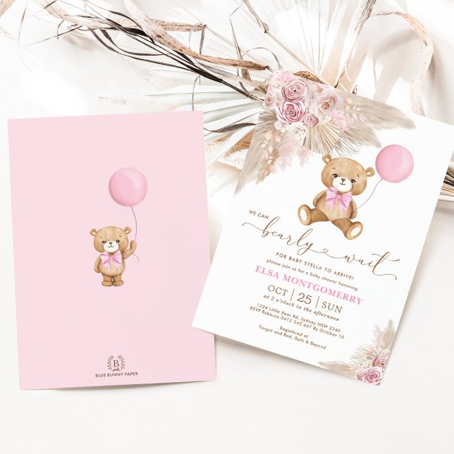 Boho Teddy Bear We Can Bearly Wait Baby Girl Invitation (Creator Uploaded)
