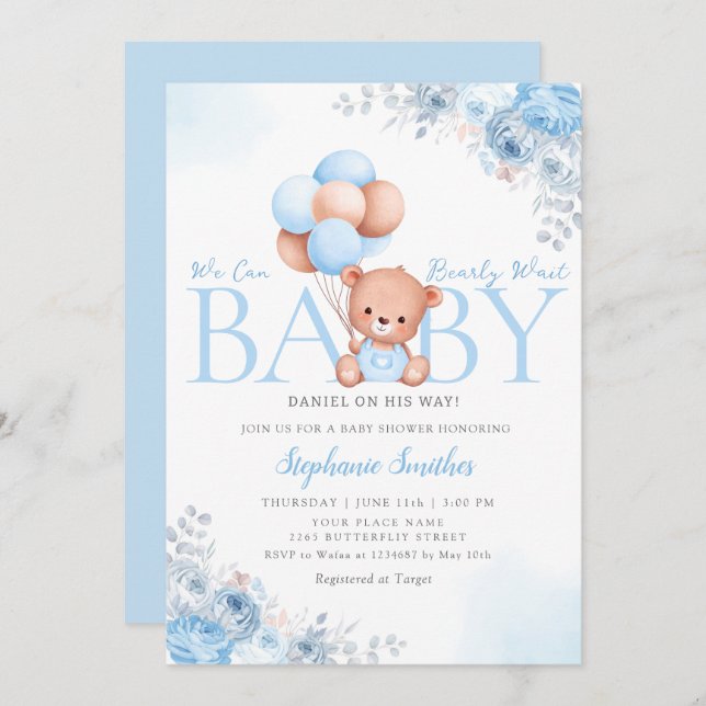 Boho Teddy Bear We Can Bearly Wait Baby Shower Inv Invitation (Front/Back)