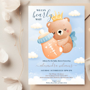 Boho Teddy Bear We Can Bearly Wait Boy Baby Shower Invitation