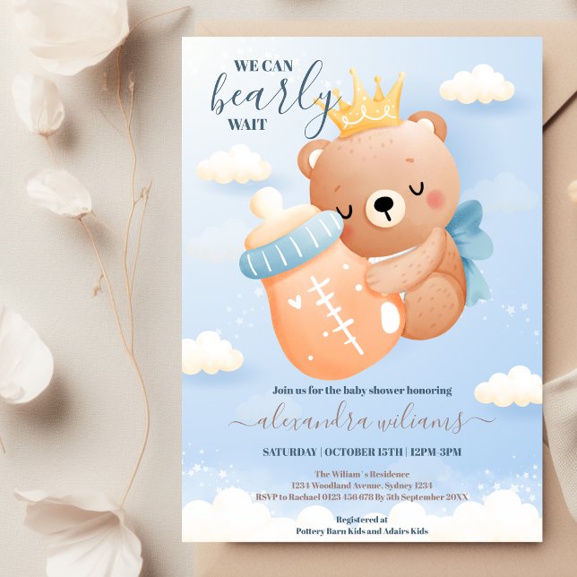 Boho Teddy Bear We Can Bearly Wait Boy Baby Shower Invitation (Creator Uploaded)