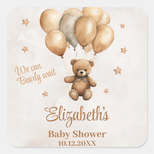 Boho Teddy Bear with Balloons Baby Shower  Square Sticker (Front)