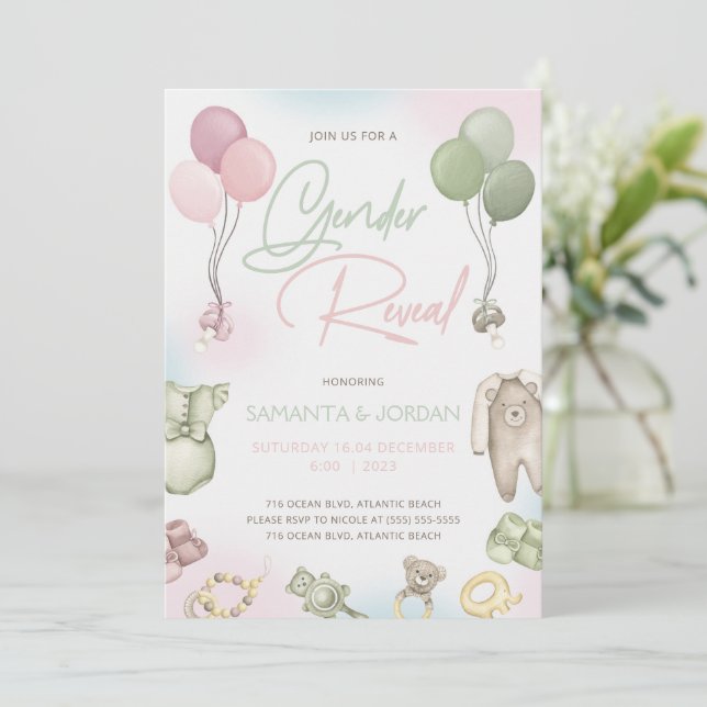 Boho Teddy Gender Reveal Invitation Card (Standing Front)