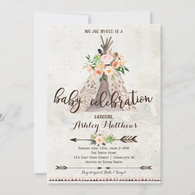 Boho TeePee baby shower invitation (Front)