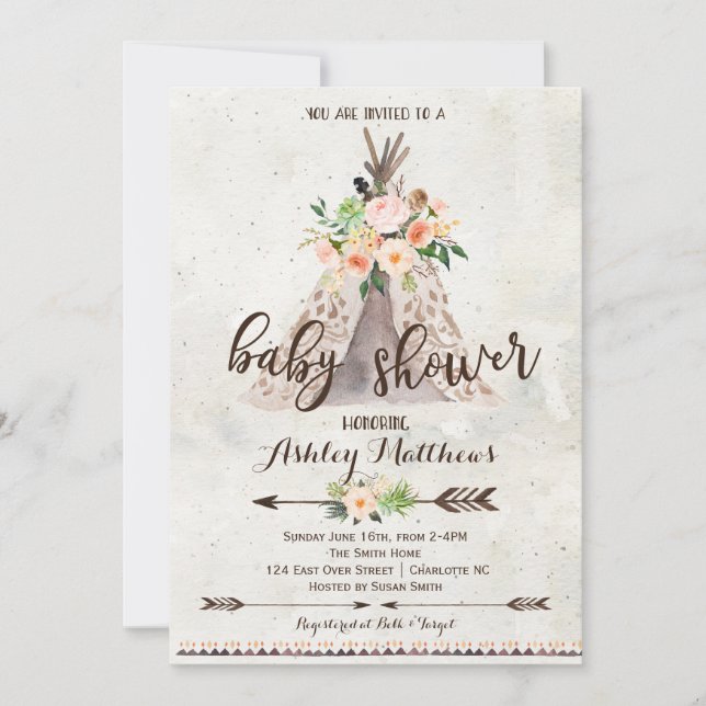 Boho TeePee baby shower invitation (Front)