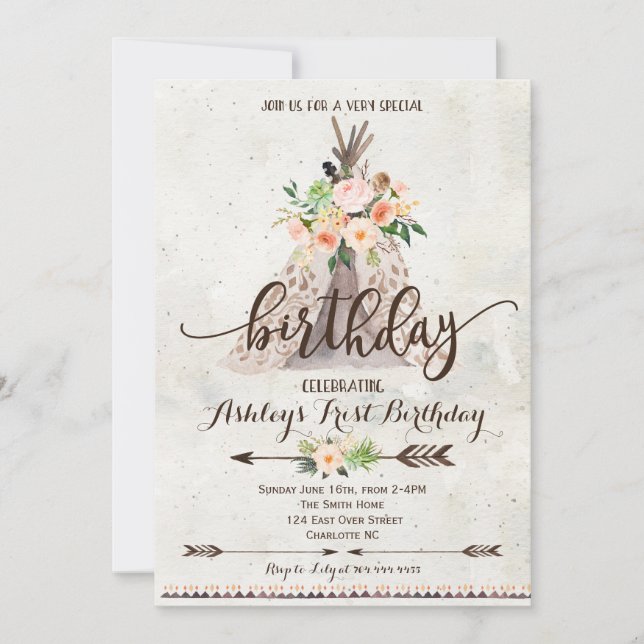 Boho TeePee birthday invitation, first birthday Invitation (Front)