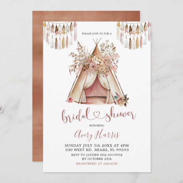 Boho Teepee Bridal Shower Invitation (Front/Back)
