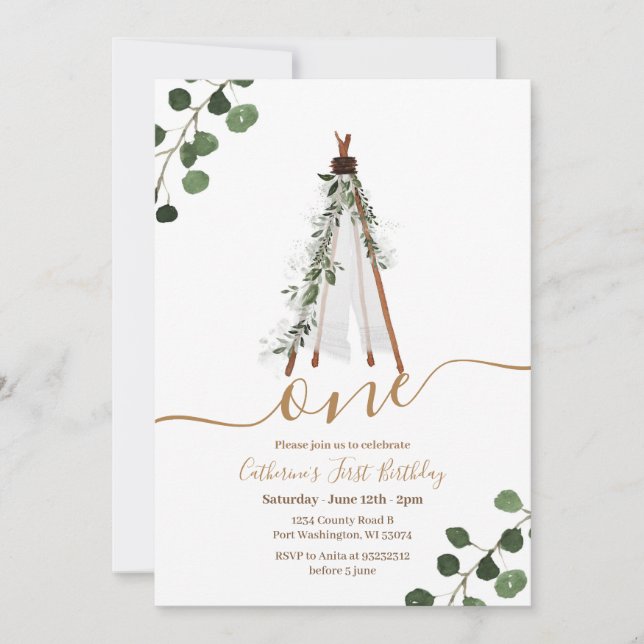 Boho Teepee First Birthday   Invitation (Front)