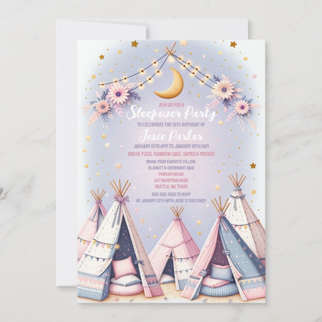 Boho Teepee Girly Sleepover Slumber Party Invitation (Front)