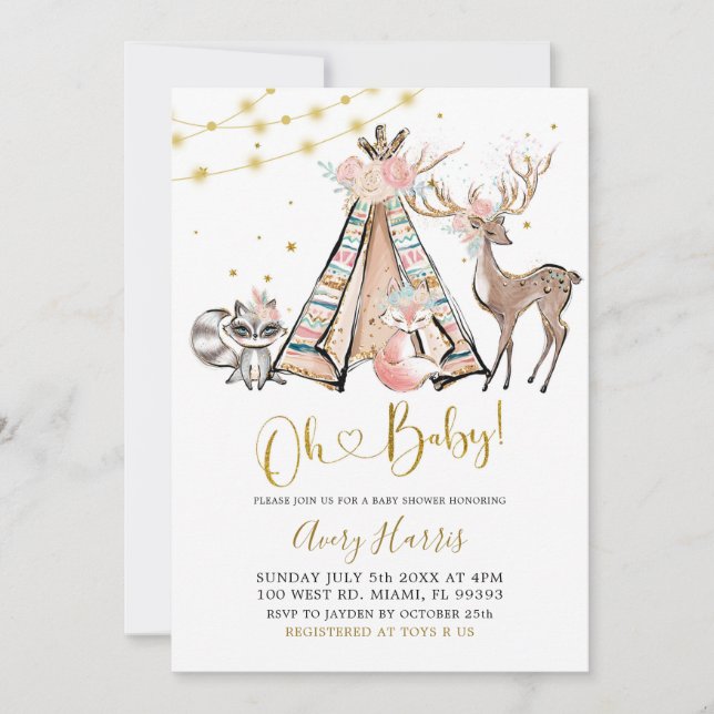 Boho Teepee Pink Floral Woodland Baby Shower Invit Invitation (Front)