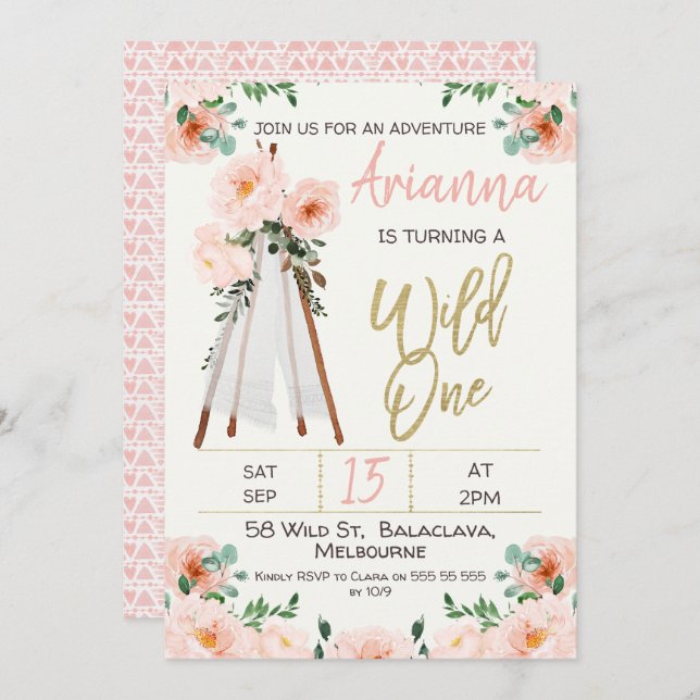 Boho Teepee Wild One 1st Birthday Invitation (Front/Back)