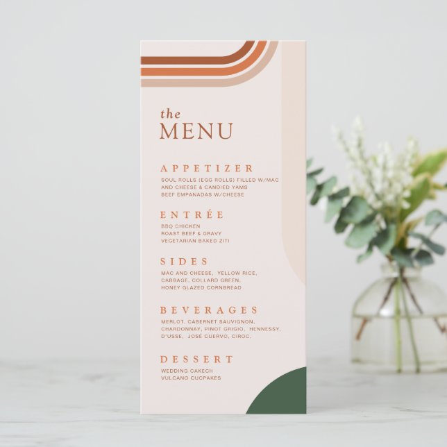 Boho Terracotta Abstract Arch Wedding Menu Card (Standing Front)