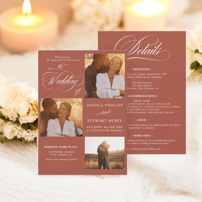 Boho terracotta all in one script photos wedding  invitation (Boho terracotta all in one script photos wedding invitation)