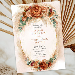 Boho Terracotta and burgundy flowers pampas grass Invitation