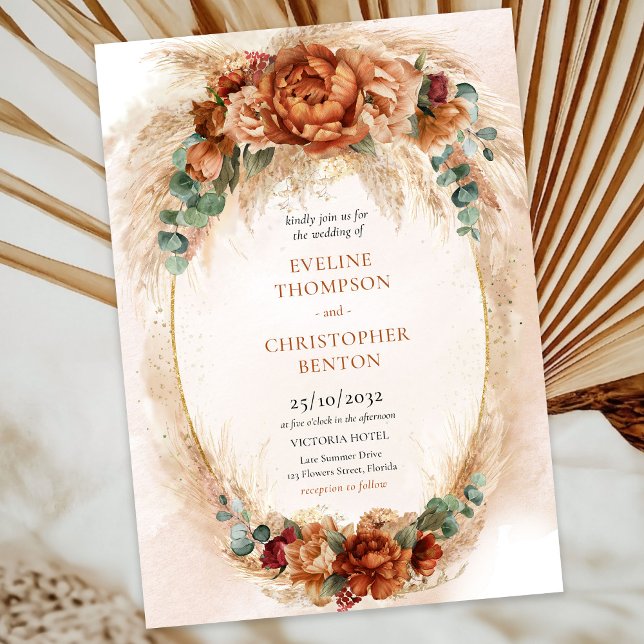 Boho Terracotta and burgundy flowers pampas grass Invitation (Trendy terracotta copper and burgundy flowers mixed eucalyptus greenery wedding invitation)