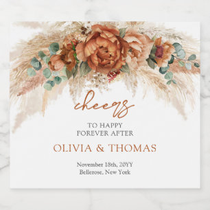 Boho Terracotta and burgundy flowers pampas grass  Sparkling Wine Label