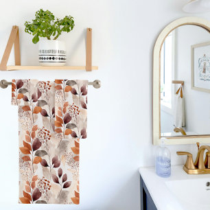 Boho Terracotta and Burgundy Leaves Bath Towel Set