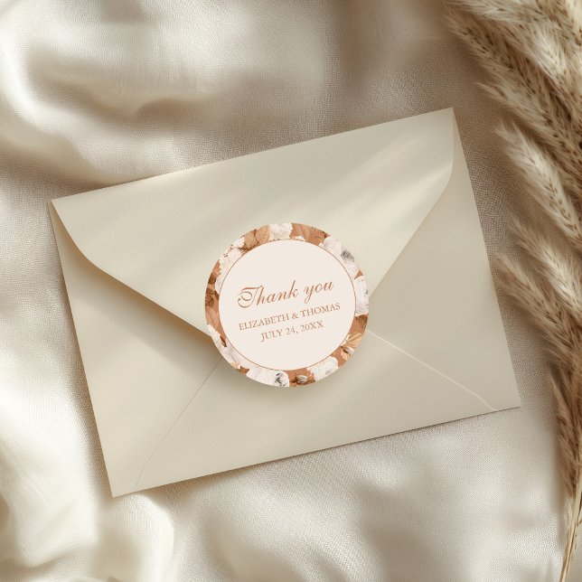 Boho Terracotta and Cream Peonies Thank You  Classic Round Sticker (Boho Terracotta and Cream Peonies Thank You Classic Round Sticker on a wedding envelope.)