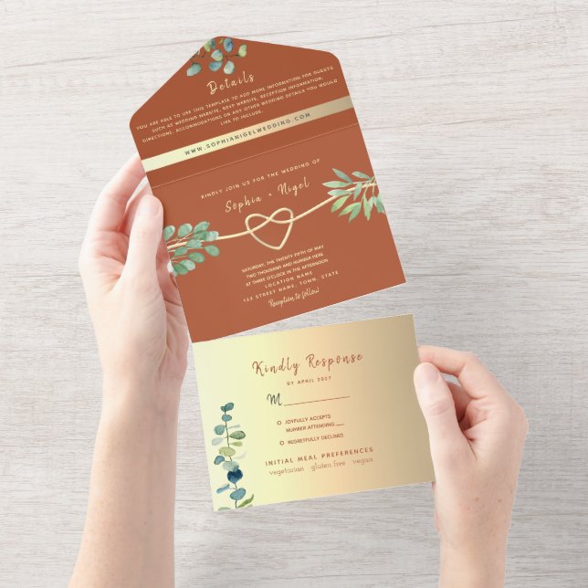 Boho Terracotta and Greenery Wedding All In One In Invitation (Tearaway)