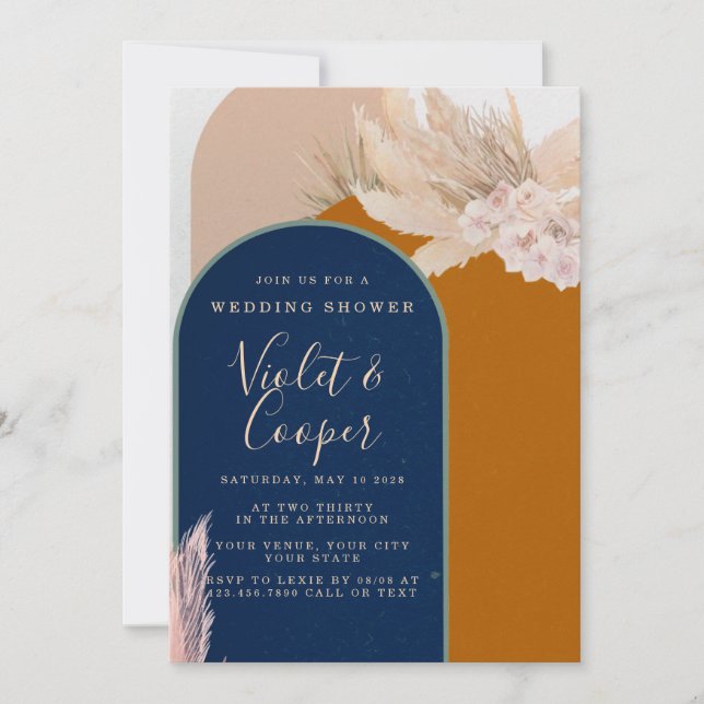 Boho Terracotta and Navy Arch Wedding Shower Invitation (Front)
