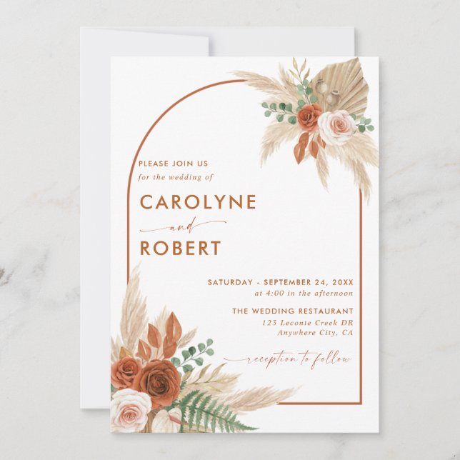 Boho Terracotta and Pampas Grass Wedding Invitation (Front)