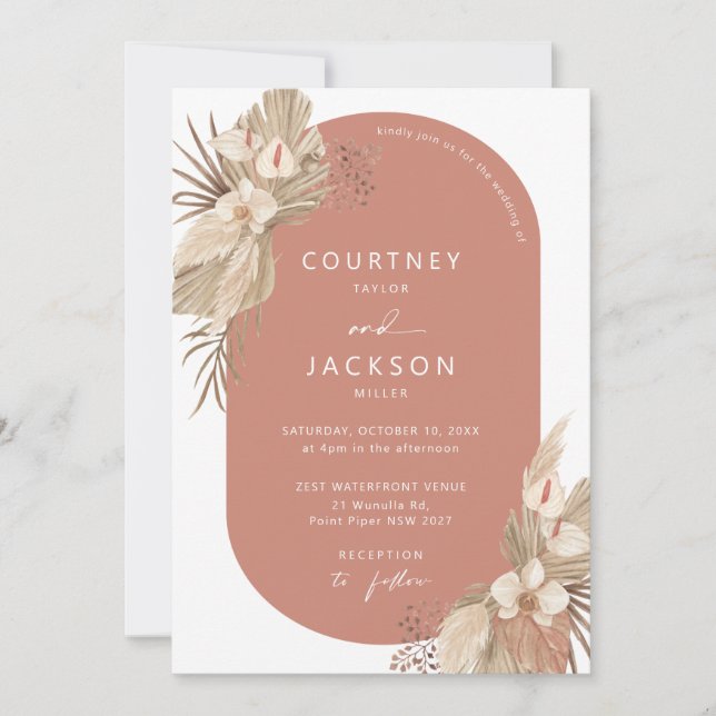 Boho Terracotta Arch Pampas Grass Wedding  Invitation (Front)