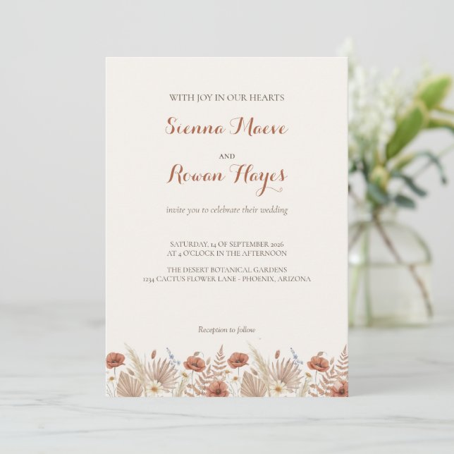 Boho Terracotta Arch & Pampas Grass Wedding Invitation (Standing Front)