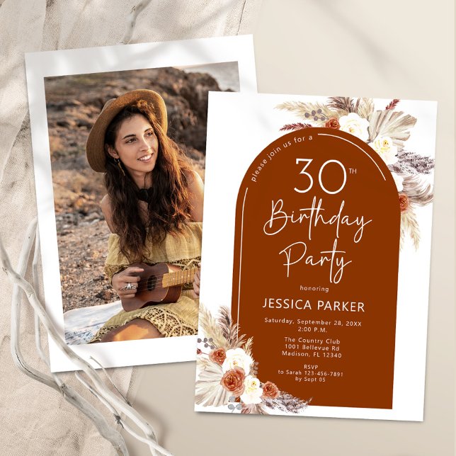 Boho Terracotta Arch Photo 30th Birthday Invitation (Creator Uploaded)