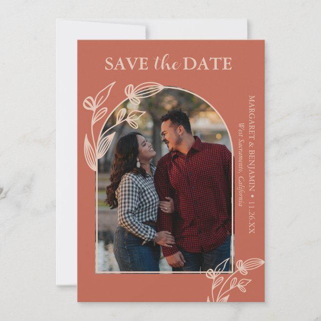 Boho Terracotta Arch Photo Floral Save The Date (Front)