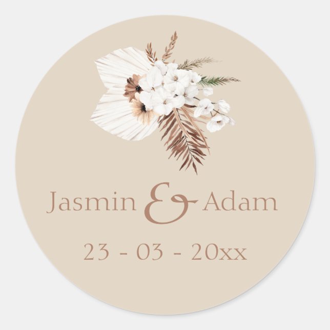 Boho Terracotta Beige Pampas Grass Floral Wedding  Classic Round Sticker (Front)