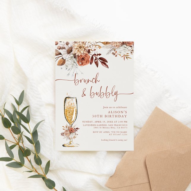 Boho Terracotta Birthday Brunch and Bubbly Invitation (Creator Uploaded)