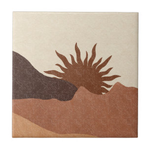 Boho Terracotta Bisque Desert Sun Mountains Ceramic Tile
