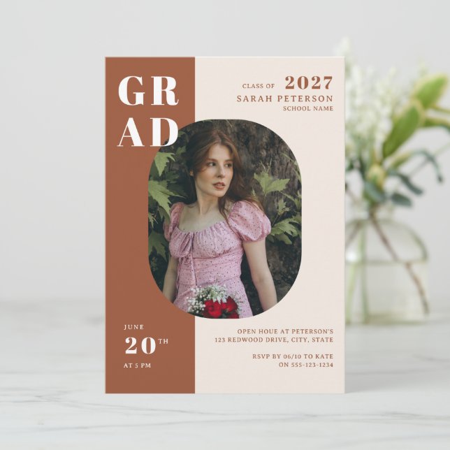 Boho Terracotta Bold Typography Photo Graduation Invitation (Standing Front)