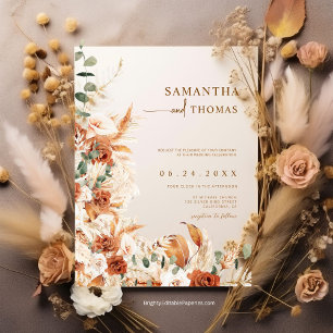 Boho Terracotta Botanical Pampas Elegance Wedding Invitation